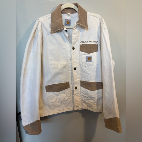 Carhartt Jacket Cream Canvas Brown Cord Collar Barn Coat - Picture 9 of 9